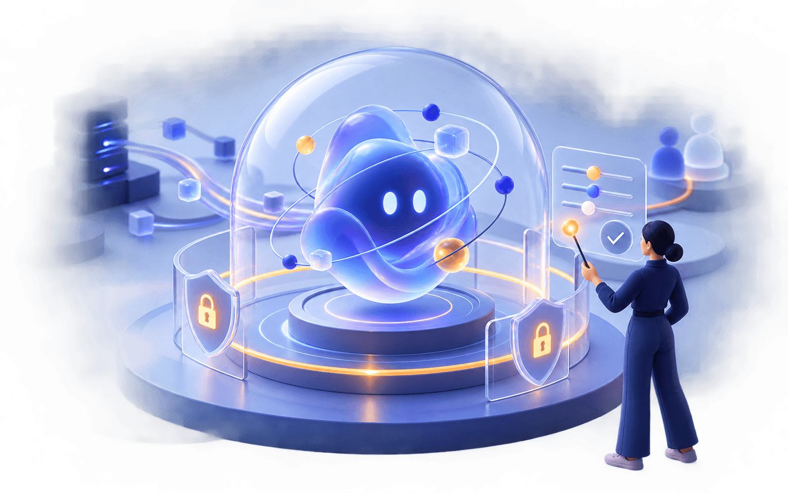 在权限边界中运行的企业 AI Agent 三维概念图